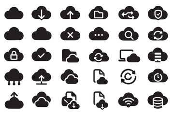 Set of cloud computing icons, including upload, download, sync, security, and storage for digital and tech design icon set