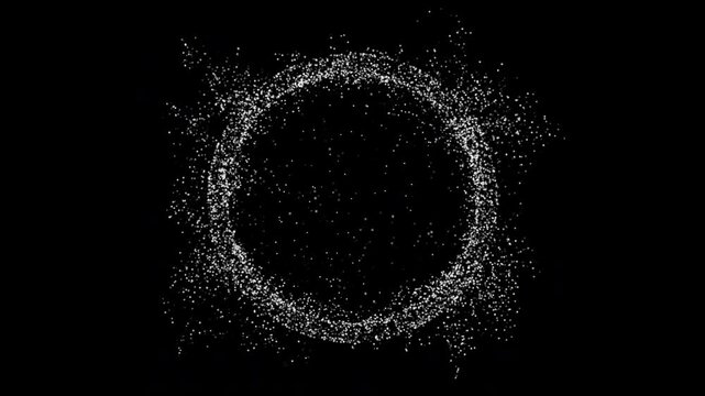 Abstract white particle ring dispersing in dark space. Seamless 4K loop animation with dust-like energy explosion effect. Perfect for sci-fi intros, tech backgrounds, and cosmic visualizations.