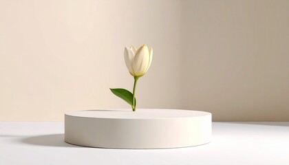 Elegant White Tulip on Minimalist Pedestal Soft Light Simple Beauty.