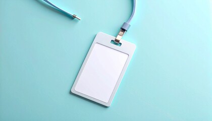 Blank White ID Badge with Light Blue Lanyard on Pastel Background.