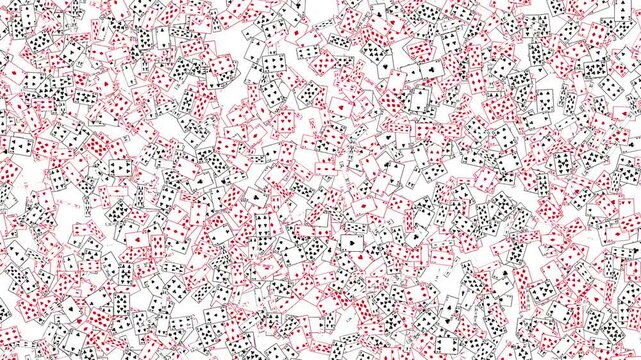 Many playing cards featuring all suits like hearts spades clubs and diamonds fly randomly across the screen in a chaotic floating animation