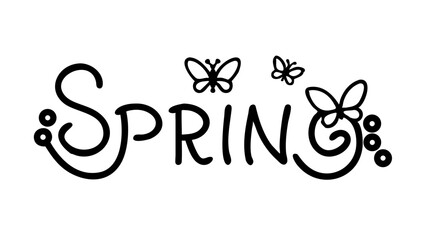 Hello spring text vector background design. Spring greeting typography with fresh bloom flowers and butterfly elements in empty space for holiday season celebration. Vector Illustration