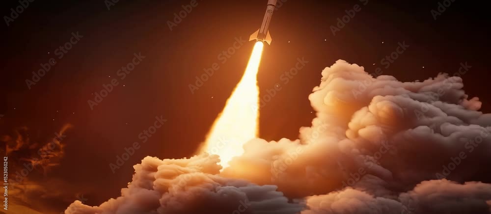 Poster dynamic rocket launch through fiery clouds and space animation effects