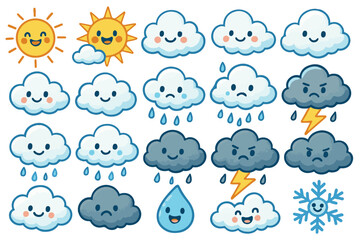 adorable weather icons featuring clouds, sun, moon, rain, snow, and lightning in a playful style icon set