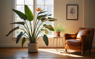 Fototapeta premium Sunlit living room with bird of paradise plant in beige pot on wooden floor beside vintage leather armchair