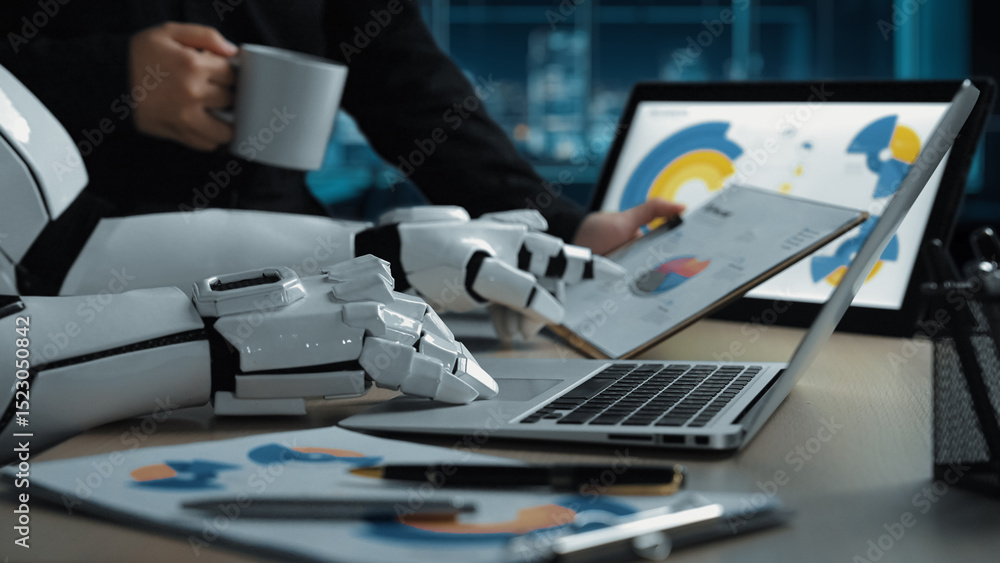 Poster a modern workspace showcasing robotic hands analyzing data on a laptop with colorful charts, a coffe