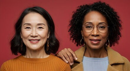 Portrait of senior Asian and Black women smiling together, celebrating friendship on red background