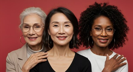 Multigenerational portrait of senior Asian and Black women smiling on red background, expressing unity and joy