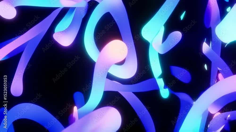 Poster abstract neon shapes float and twist against a dark background creating a dynamic design.