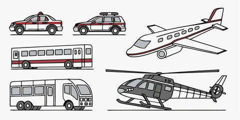 Realistic Vector Set of Police Cars, Buses, Helicopter, and Airplane – Modern Urban and Aerial Transport on White Background © Mst Parvin Akhter