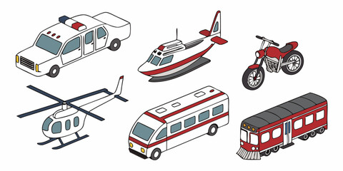 Realistic Vector Set of Police Cars, Buses, Helicopter, and Airplane – Modern Urban and Aerial Transport on White Background