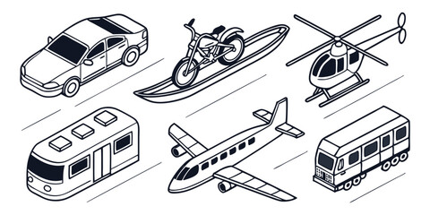 Realistic Vector Set of Police Cars, Buses, Helicopter, and Airplane – Modern Urban and Aerial Transport on White Background © Mst Parvin Akhter