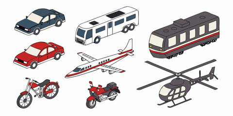 Realistic Vector Set of Police Cars, Buses, Helicopter, and Airplane – Modern Urban and Aerial Transport on White Background © Mst Parvin Akhter