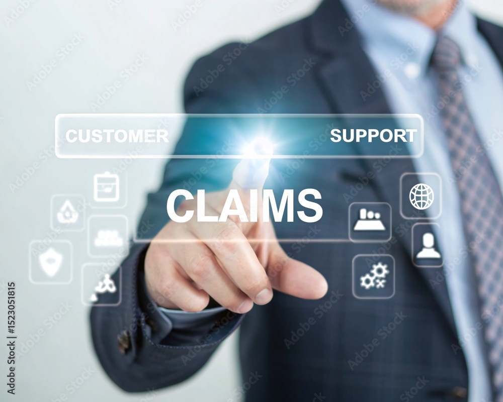 Poster efficient claims processing: businessman interacting with digital claims system