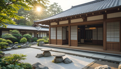 Authentic Traditional Japanese Wooden House with Sliding Shoji Doors and Zen Garden in Morning Light