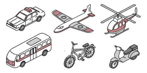 Realistic Vector Set of Police Cars, Buses, Helicopter, and Airplane – Modern Urban and Aerial Transport on White Background