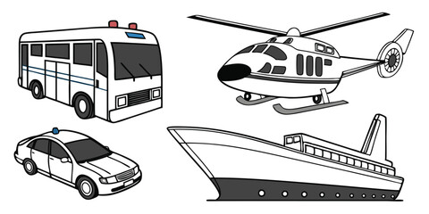 Realistic Vector Set of Police Cars, Buses, Helicopter, and Airplane – Modern Urban and Aerial Transport on White Background © Mst Parvin Akhter