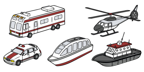 Realistic Vector Set of Police Cars, Buses, Helicopter, and Airplane – Modern Urban and Aerial Transport on White Background © Mst Parvin Akhter