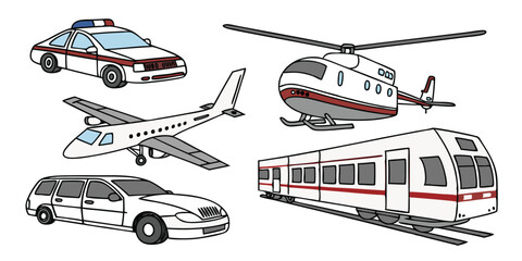 Realistic Vector Set of Police Cars, Buses, Helicopter, and Airplane – Modern Urban and Aerial Transport on White Background © Mst Parvin Akhter