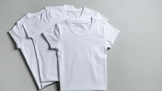 Three stacked white plain t-shirts with folded sleeves on neutral gray background, garment mock-up for creative design, apparel templates