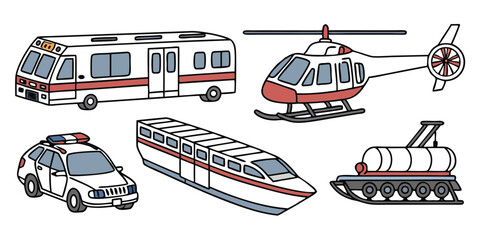 Realistic Vector Set of Police Cars, Buses, Helicopter, and Airplane – Modern Urban and Aerial Transport on White Background © Mst Parvin Akhter