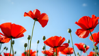 Obraz premium Stunning natural wallpaper showcasing vibrant red poppy flowers under a clear blue summer sky, vintage. White tone