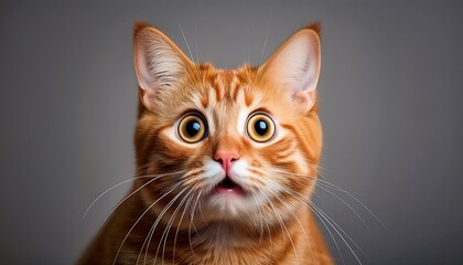 a surprised orange cat with wide eyes expressing curiosity and surprise in a close up shot with a neutral background