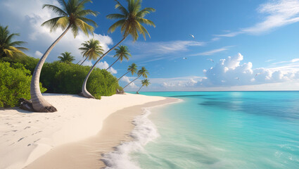 Obraz premium A tropical beach with white sand, turquoise water, palm trees, and seagulls under a bright blue sky.