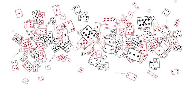 Continuous and random cascade of many different playing cards falling from the top of the screen creating a dynamic background effect