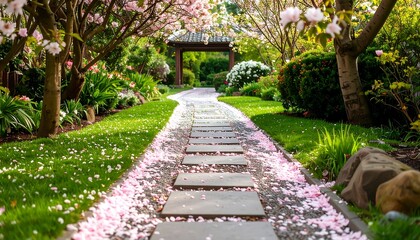 Peaceful garden path, springtime blossoms