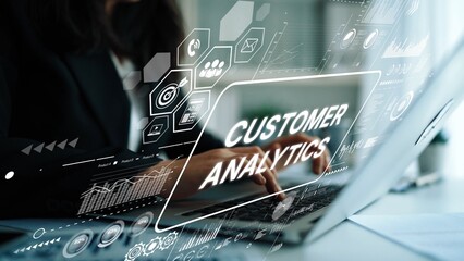 Business Professional Engaged in Customer Analytics with Digital Graphics and Data Visualizations on Laptop Screen. Asymptotic smart data analytic.