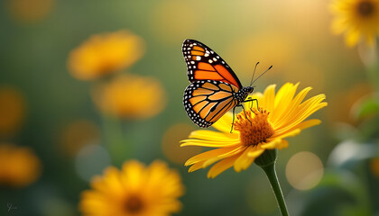 Obraz premium Monarch butterfly with a joyful mood on a yellow flower in a blooming garden copy space 