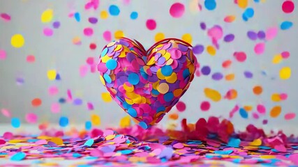 Colorful heart covered in confetti with falling confetti pieces on festive background for celebration or love concept - Powered by Adobe
