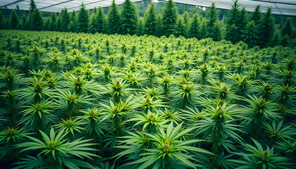 lush green cannabis foliage plantation backdrop hemp field scenic desktop background, mindfulness theme. White tone