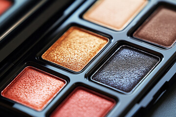 Fototapeta premium An arrangement of a vibrant eyeshadow palette is surrounded by scattered flower petals and spices, highlighting a creative atmosphere perfect for makeup artistry