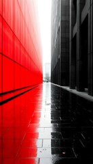 Modern urban alley showcasing vibrant red wall against sleek black buildings during a foggy day