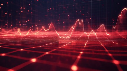 Naklejka premium Red glowing electrocardiogram line on dark red grid