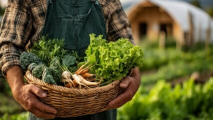 Male farmer holding basket of fresh vegetables in lush greenhouse garden - Powered by Adobe