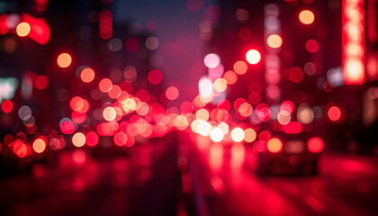 Vibrant city nightlife illuminated by red neon lights during a bustling evening rush hour