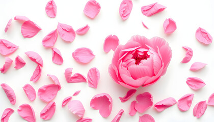 Fototapeta premium Elegant pattern of delicate pink peony blooms arranged gracefully on a pristine white backdrop, dinamic scene. White tone