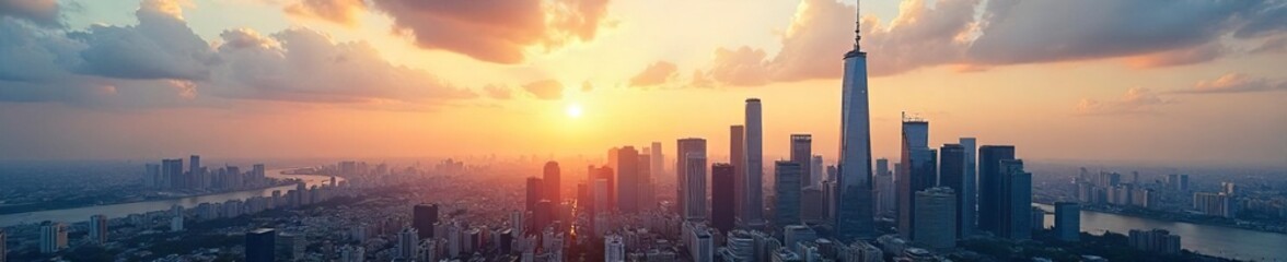 Sleek modern glass skyscrapers dominate the city skyline, reflecting sunlight in a vibrant urban landscape Ideal for corporate, real estate, and architectural projects , commercial, towers