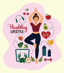 Healthy Lifestyle Vector Illustration with Organic Vegetables or Fruit, Sport and Workout in Flat Cartoon Hand Drawn Background Design Templates stock illustration