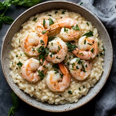 Shrimp risotto is presented in a rustic bowl, garnished with fresh herbs