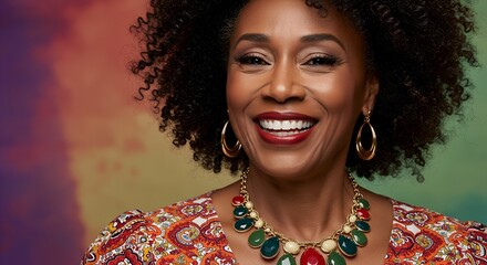 Stylish Black woman in vibrant multicolored outfit with bold round glasses and earrings, smiling confidently against polka dot backdrop Copy space