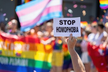 Powerful close-up of raised hand gripping a protest sign reading "STOP HOMOPHOBIA" with a vibrant pride parade blurred in the colorful background.