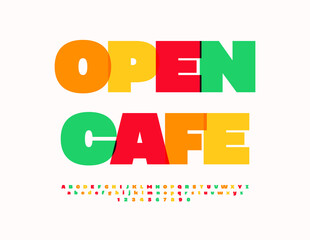 Vector Watercolor sign Open Cafe. Bold Colorful Font. Bright Transparent Alphabet Letters and Numbers set