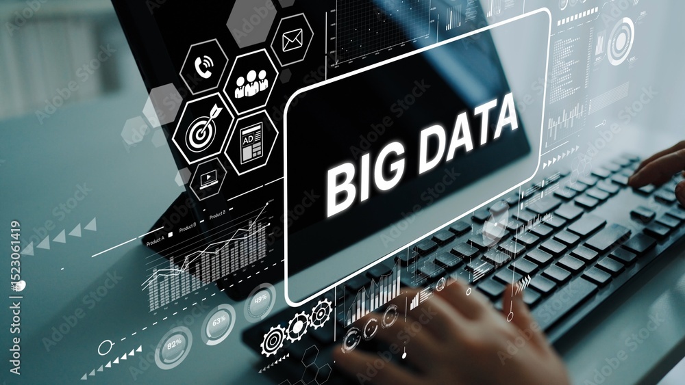 Poster hands typing on keyboard with digital big data concept on laptop screen for technology and analytics