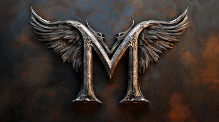 Ornate letter m with wings design on a dark textured background in a symmetrical arrangement
