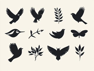 Silhouette icons of birds, butterflies, and branches
