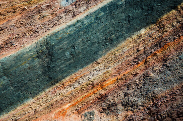 Aged shabby cliff face and divided by huge cracks and layers. Rough stone or rock texture of mountains. Background and copy space for text.Theme geology and mountaineering.Slagheap background.